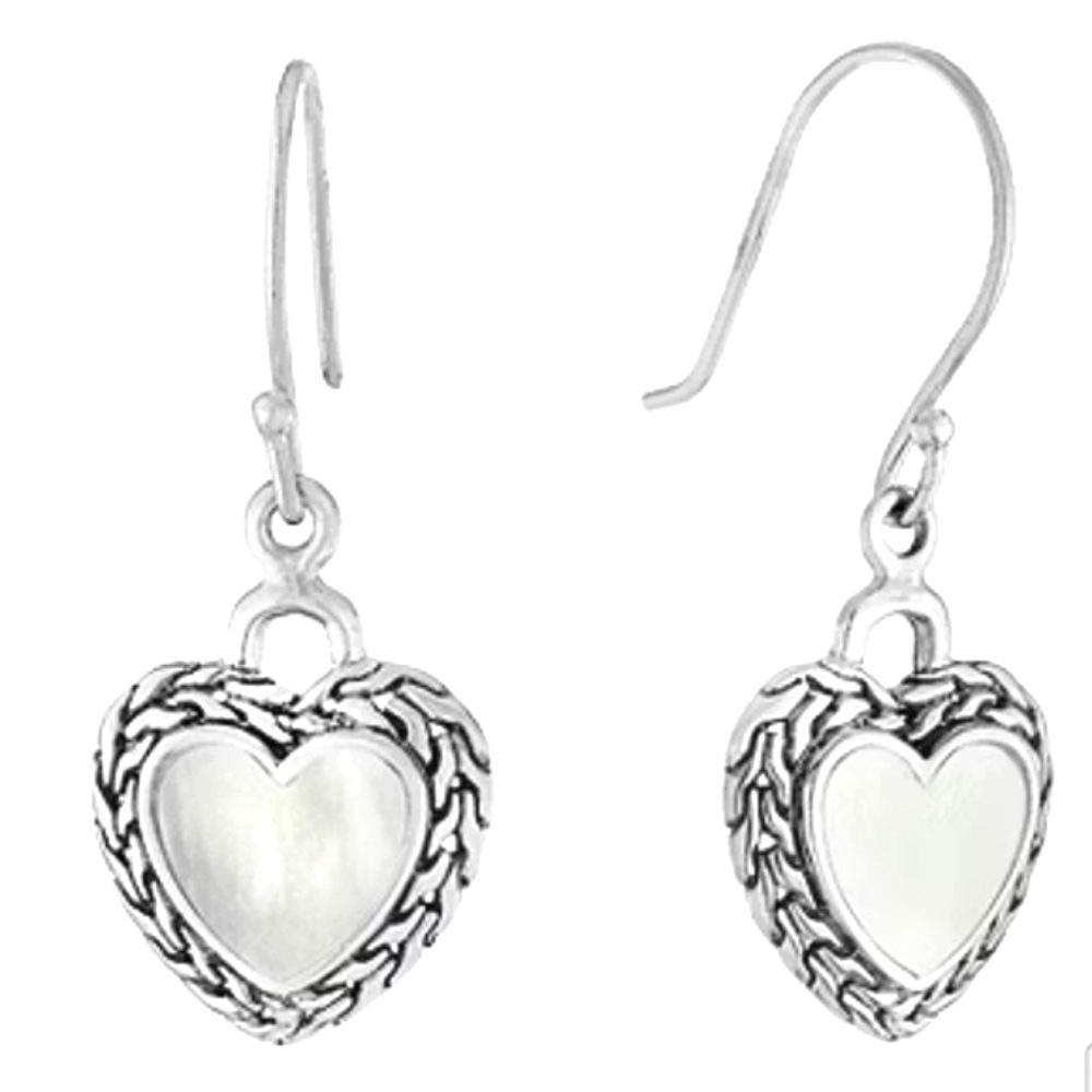 Bali Inspired Genuine White Mother Of Pearl Sterling Silver Heart Drop Earrings - Picture 1 of 3